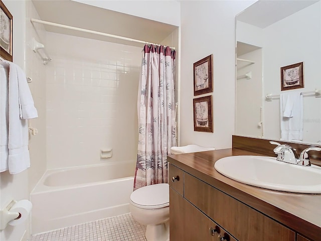 full bathroom featuring toilet, vanity, tile patterned floors, and shower / bath combination with curtain