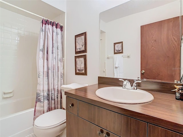 full bathroom featuring toilet, vanity, and shower / bathtub combination with curtain