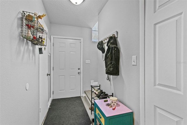 mudroom featuring a textured ceiling and dark colored carpet