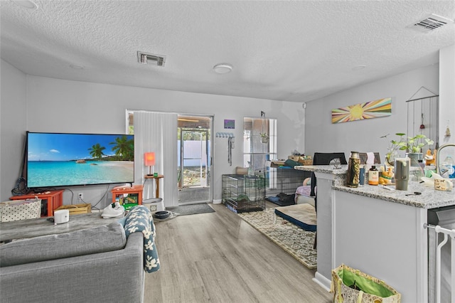 living room with light hardwood / wood-style flooring and a textured ceiling