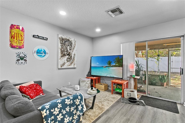 living room with hardwood / wood-style flooring and a textured ceiling