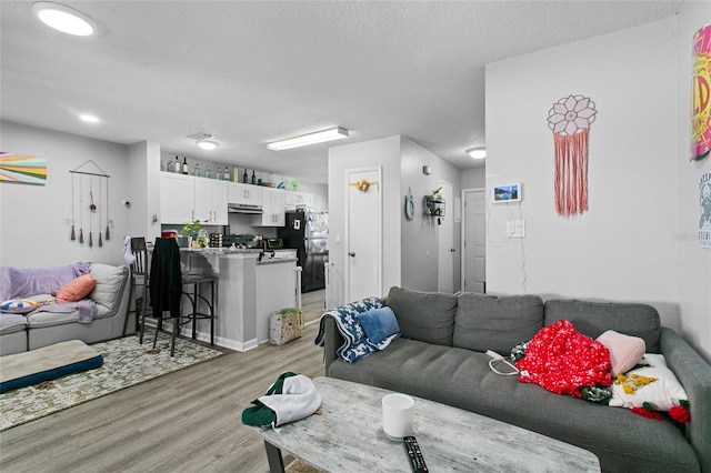 living room featuring light hardwood / wood-style flooring and a textured ceiling