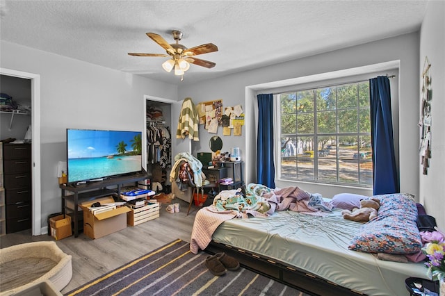 bedroom featuring ceiling fan, hardwood / wood-style floors, a textured ceiling, a walk in closet, and a closet