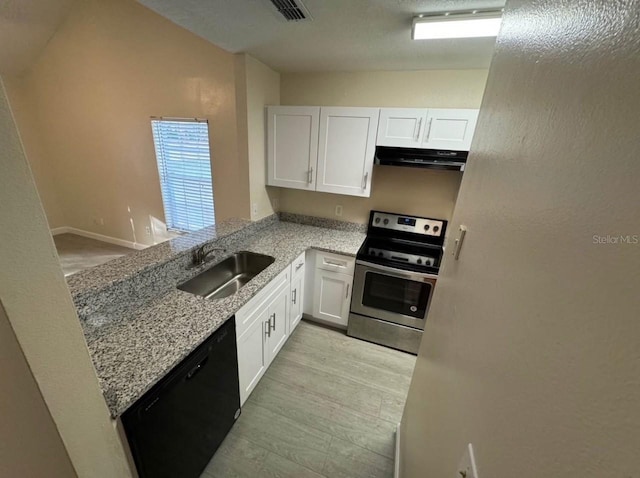 kitchen featuring kitchen peninsula, dishwasher, sink, white cabinetry, and stainless steel range with electric stovetop