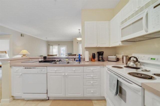 kitchen with light tile patterned floors, decorative light fixtures, white appliances, white cabinets, and sink