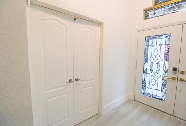 foyer with light wood finished floors, a wealth of natural light, and baseboards