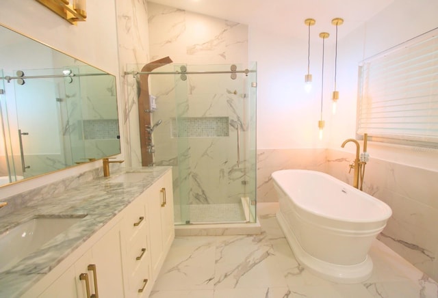 bathroom with plus walk in shower, vanity, and tile walls