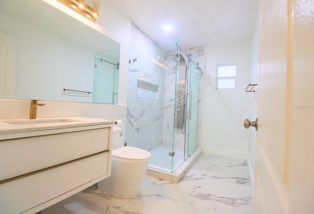 full bath with marble finish floor, vanity, a marble finish shower, and toilet