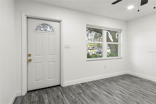 entrance foyer with ceiling fan and dark hardwood / wood-style floors