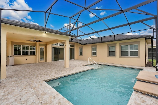 exterior space with a lanai, a patio area, and ceiling fan