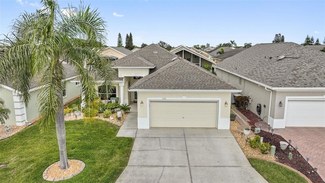 view of front of property featuring a garage and a front lawn