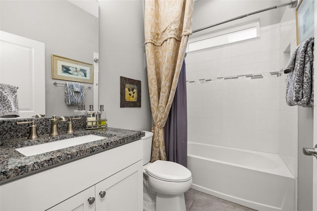 full bathroom featuring shower / bathtub combination with curtain, vanity, tile patterned floors, and toilet