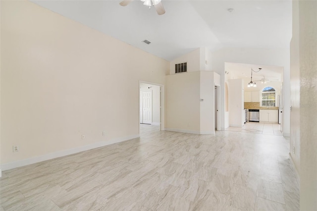 unfurnished living room featuring ceiling fan and high vaulted ceiling