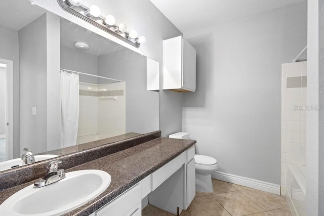 full bathroom featuring vanity, toilet, shower / bath combination with curtain, and tile patterned floors