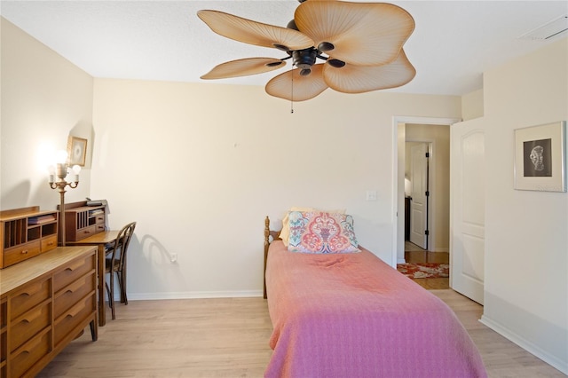 bedroom featuring ceiling fan and light wood-type flooring