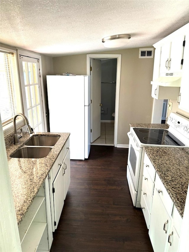 kitchen with under cabinet range hood, white appliances, dark wood-type flooring, a sink, and visible vents