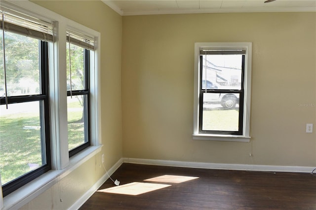 unfurnished room with hardwood / wood-style flooring, baseboards, ornamental molding, and a wealth of natural light