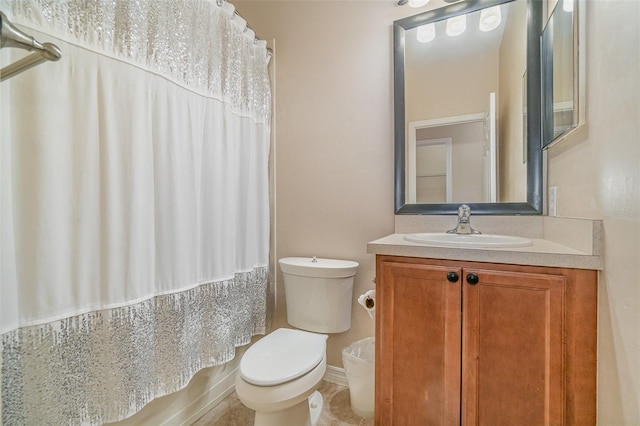 full bathroom featuring shower / bath combination with curtain, vanity, and toilet