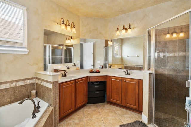 bathroom with vanity, plus walk in shower, and tile patterned flooring