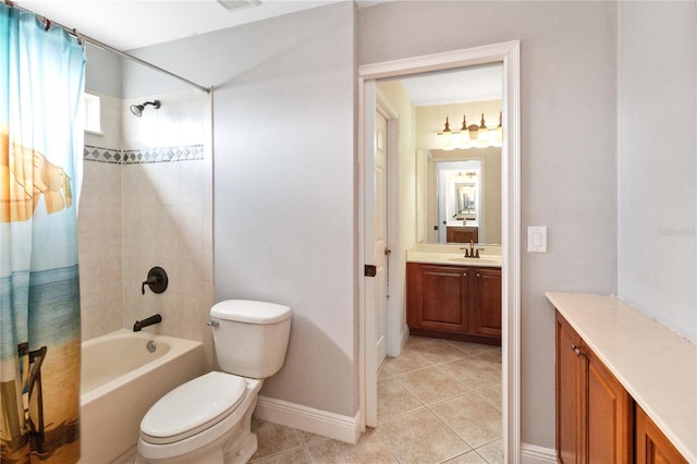 full bathroom with vanity, shower / tub combo, tile patterned floors, and toilet