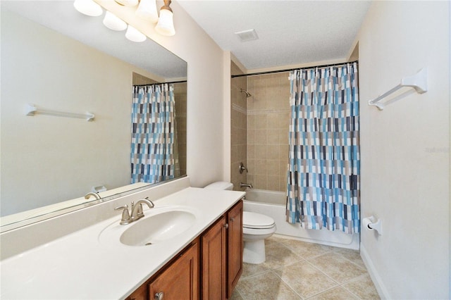 full bathroom with tile patterned flooring, vanity, shower / bathtub combination with curtain, and toilet