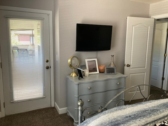 bedroom with dark colored carpet