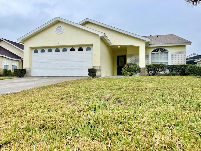 ranch-style house with a garage and a front lawn