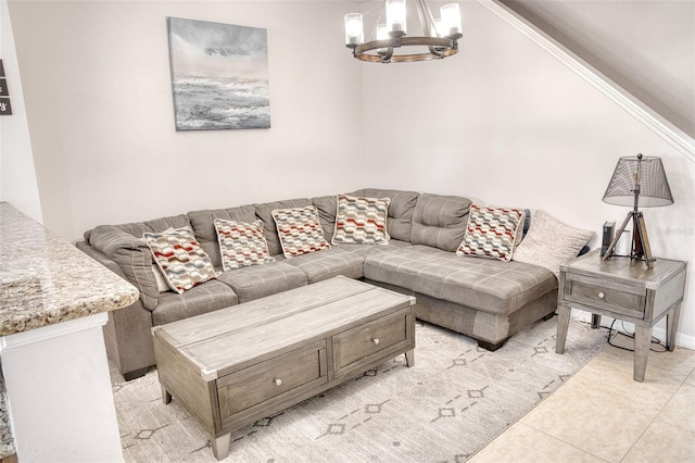 tiled living room with a chandelier