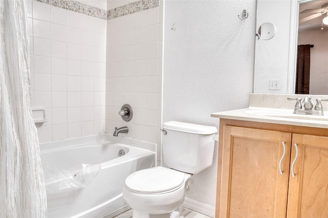 full bathroom with shower / bath combination with curtain, vanity, and toilet