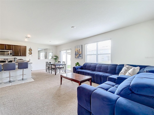 carpeted living room featuring a textured ceiling