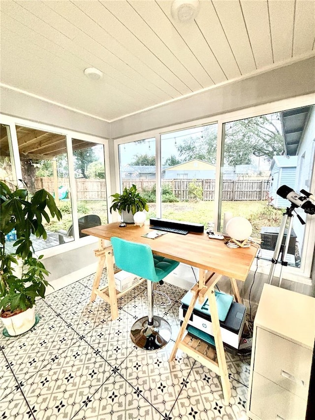 sunroom featuring wooden ceiling