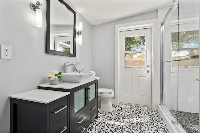 bathroom featuring vanity, a shower with door, and toilet