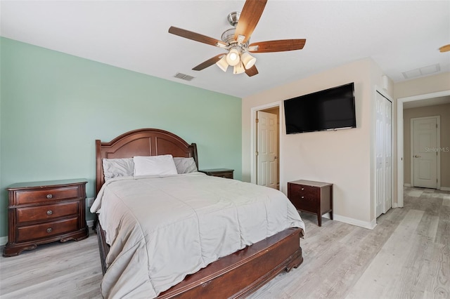 bedroom featuring light wood-type flooring, ceiling fan, and a closet