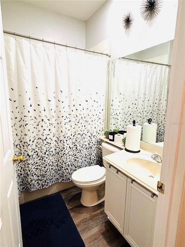 bathroom featuring vanity, wood-type flooring, and toilet