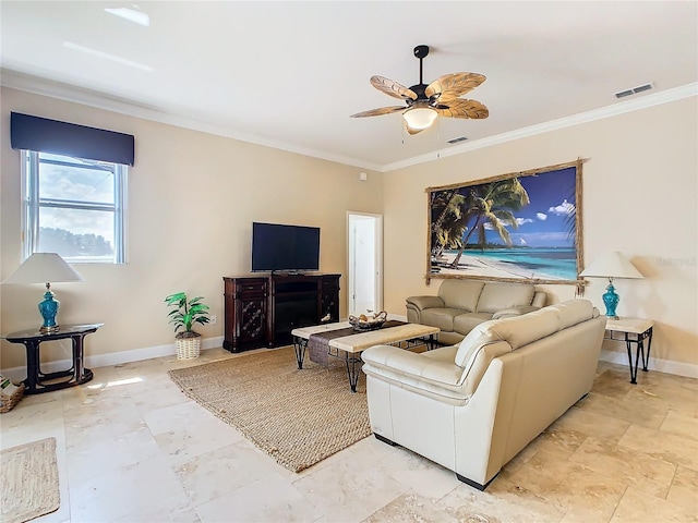 living room featuring ceiling fan and crown molding