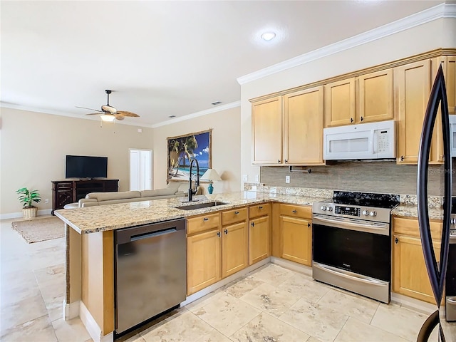 kitchen featuring dishwasher, stainless steel electric range, sink, kitchen peninsula, and ornamental molding