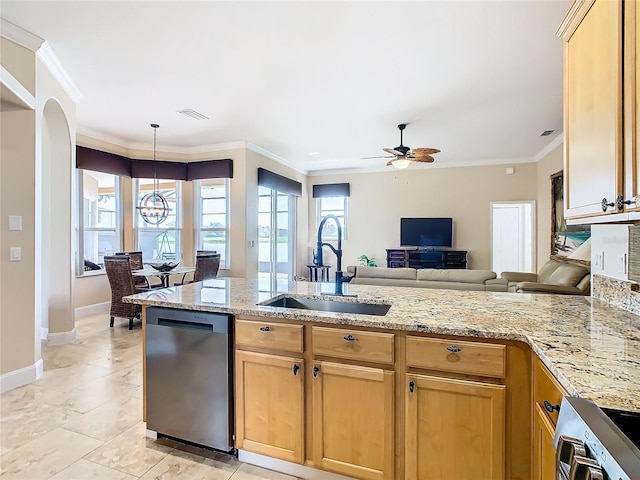 kitchen with ceiling fan with notable chandelier, dishwasher, sink, ornamental molding, and stove