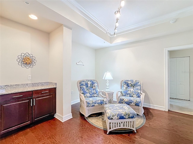 sitting room featuring crown molding, dark hardwood / wood-style flooring, and a raised ceiling