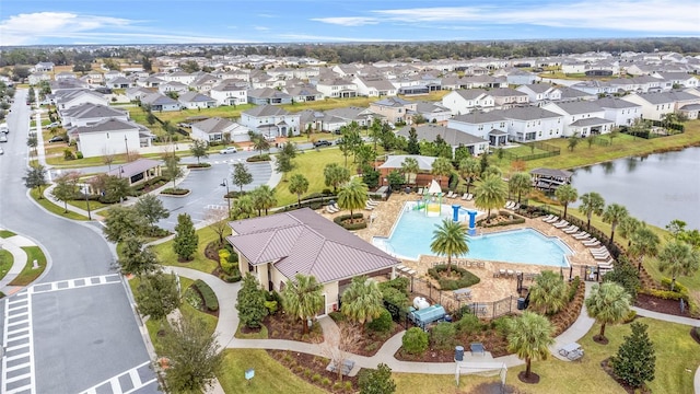 aerial view featuring a water view