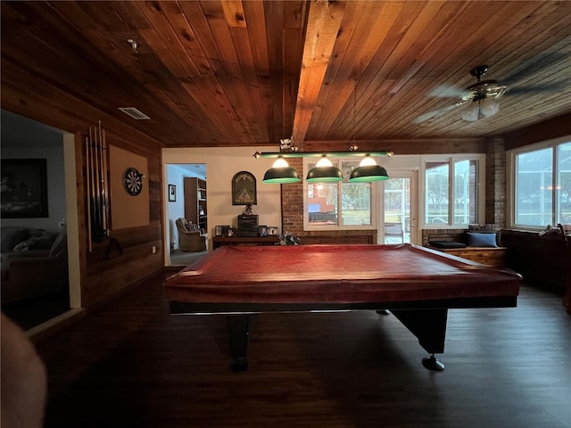 rec room with wood ceiling, pool table, and dark hardwood / wood-style flooring