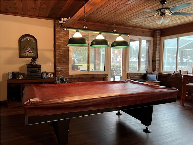 playroom with pool table, hardwood / wood-style floors, wooden ceiling, and ceiling fan