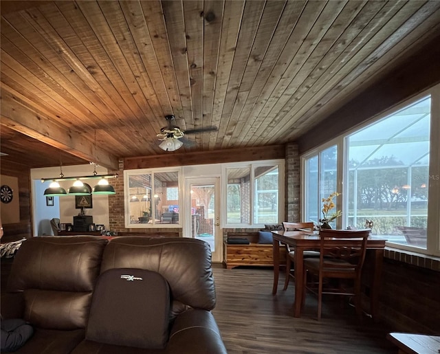 interior space featuring hardwood / wood-style flooring, wooden ceiling, and ceiling fan