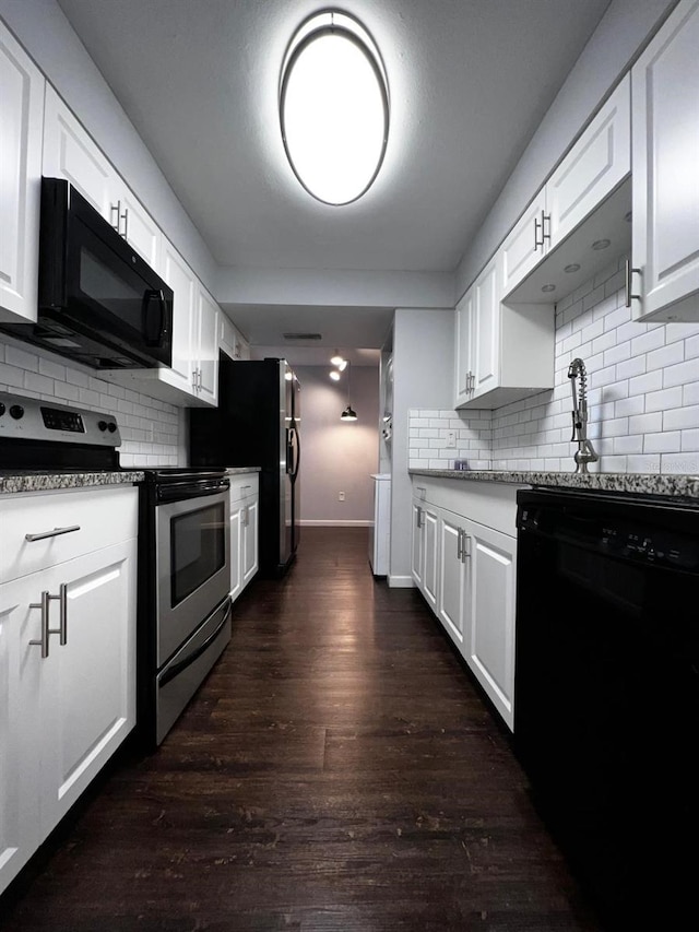 kitchen featuring black appliances, dark hardwood / wood-style flooring, light stone countertops, decorative backsplash, and white cabinets