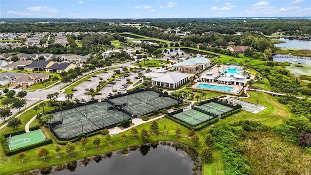 drone / aerial view with a water view