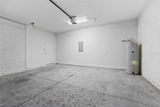 garage featuring a garage door opener, electric panel, and electric water heater