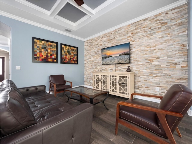 living room featuring beamed ceiling, crown molding, coffered ceiling, and dark wood-type flooring