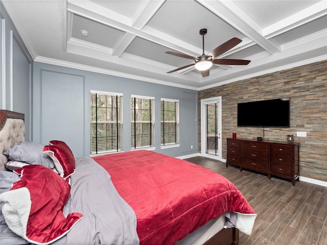 bedroom featuring coffered ceiling, ornamental molding, dark hardwood / wood-style floors, and ceiling fan