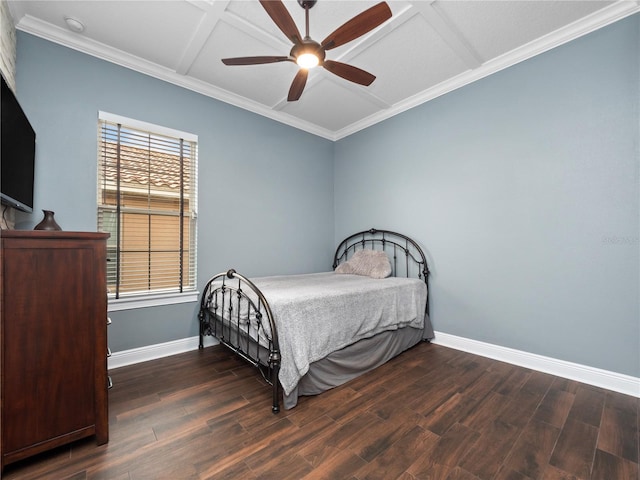 bedroom with coffered ceiling, multiple windows, dark hardwood / wood-style floors, and ceiling fan