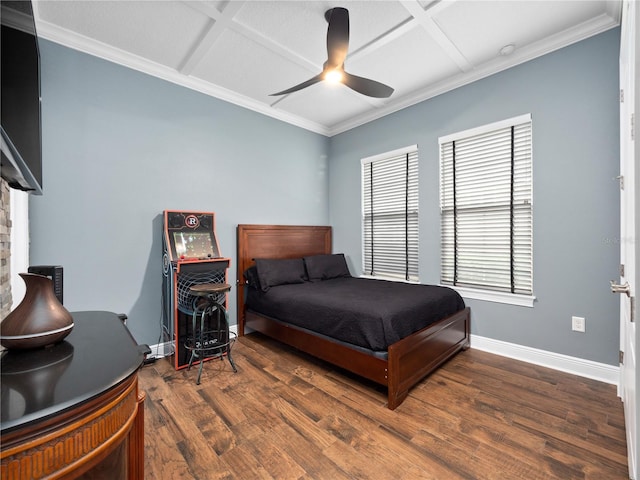 bedroom featuring coffered ceiling, crown molding, dark hardwood / wood-style flooring, and ceiling fan