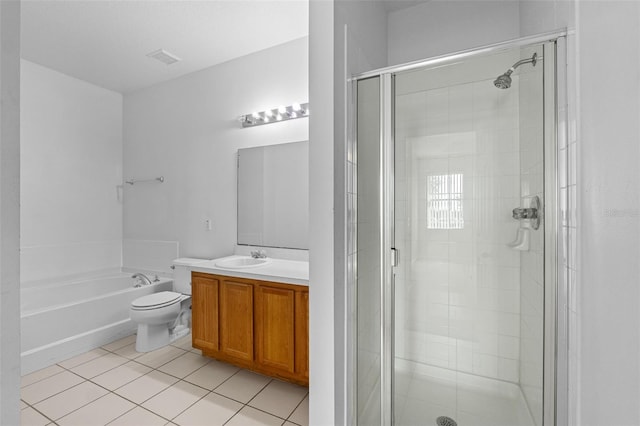 full bathroom featuring toilet, tile patterned floors, shower with separate bathtub, and vanity